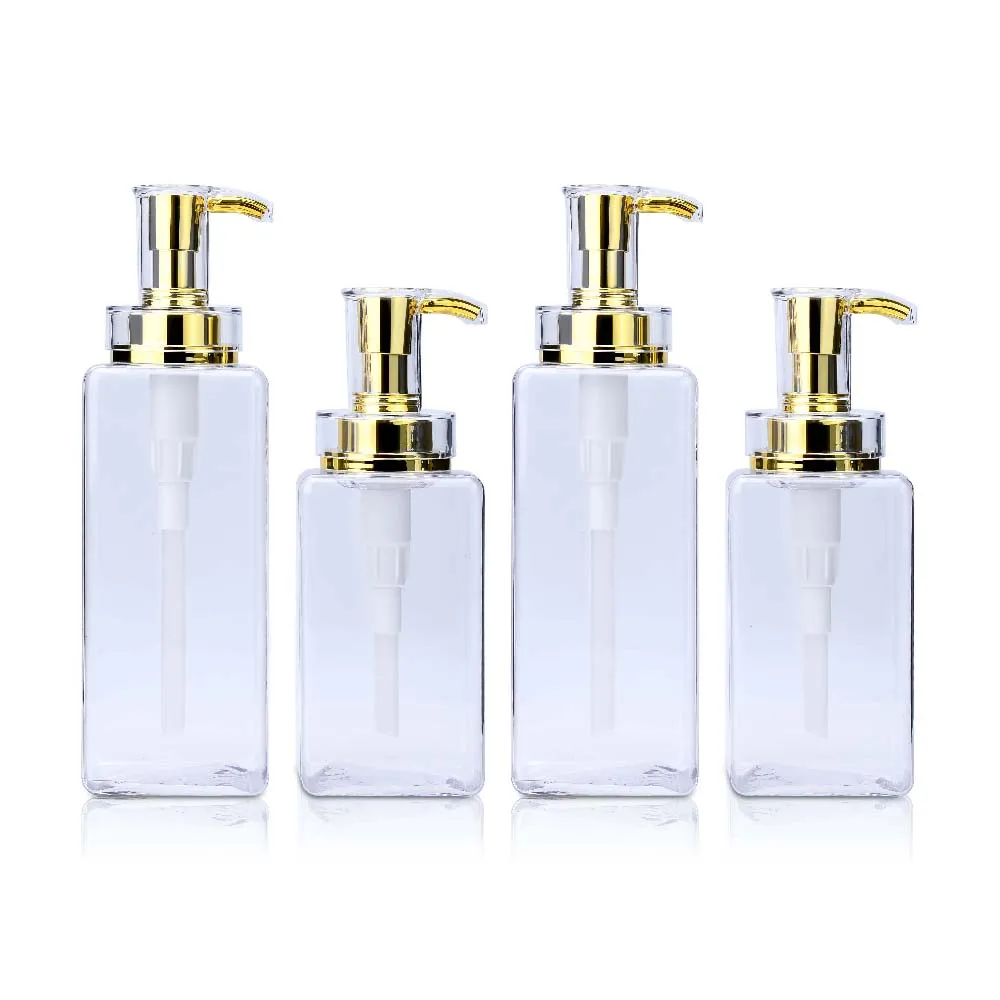 Custom Deluxe Empty Shampoo Conditioner Package 300ml 400ml 500ml square Pet plastic pump refillable shampoo bottle