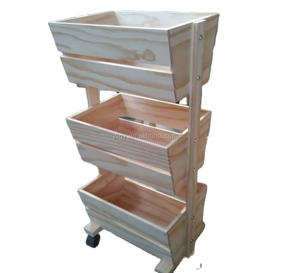 Pine Wooden Fruit Vegetable Display Rack for Store With 4 Wheels
