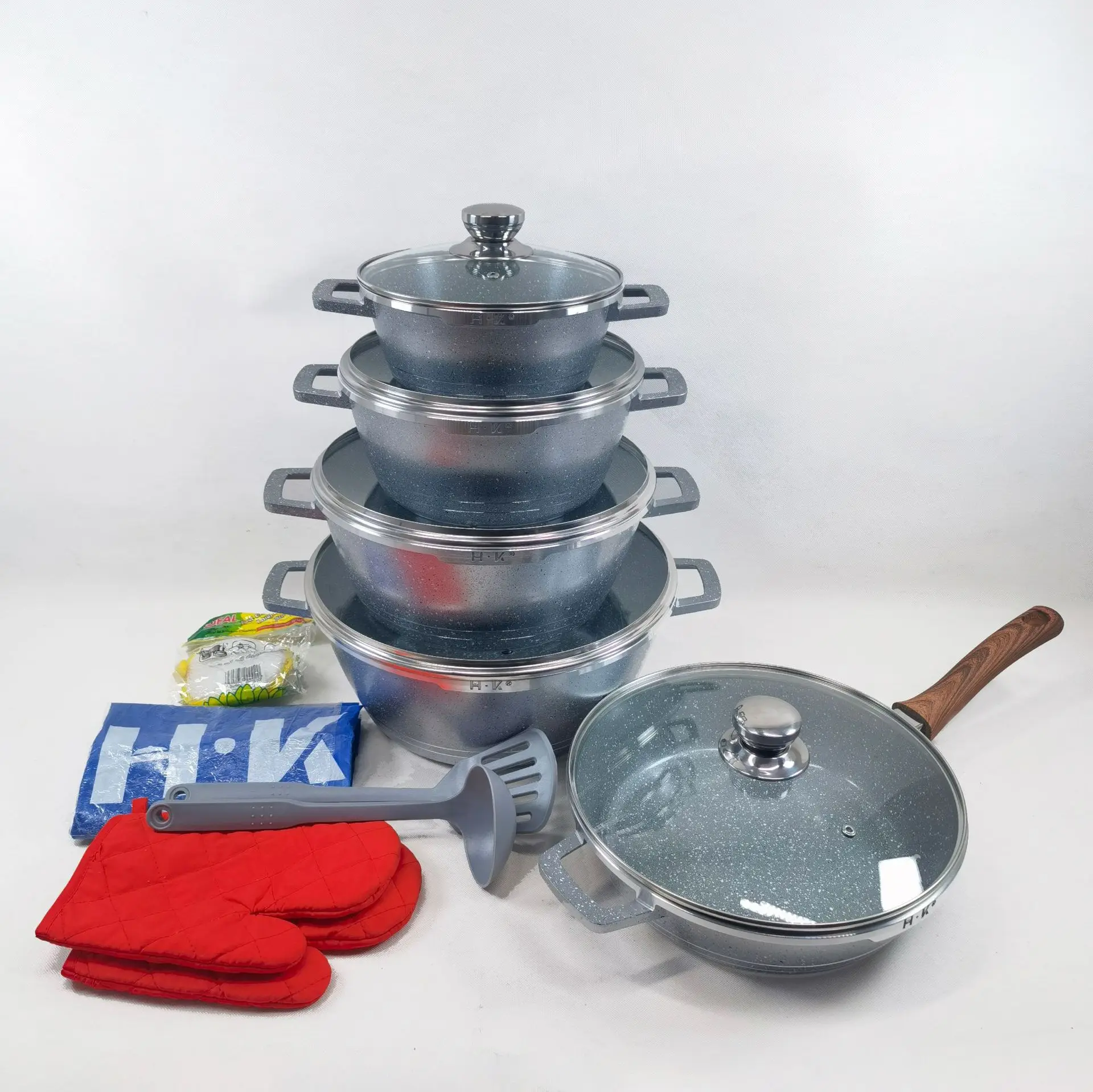 Hot Sale 16-Pcs Marble Stone Non-Stick Cookware Set Granite Induction Bottom Cooking Pots with Insulated Gloves for Kitchen Use