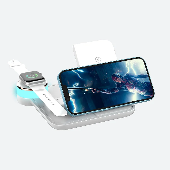New 15W Qi Fast Wireless Charger Stand For iPhone 11 Apple Watch 4 in 1 Foldable Charging Station With RGB Night Lamp