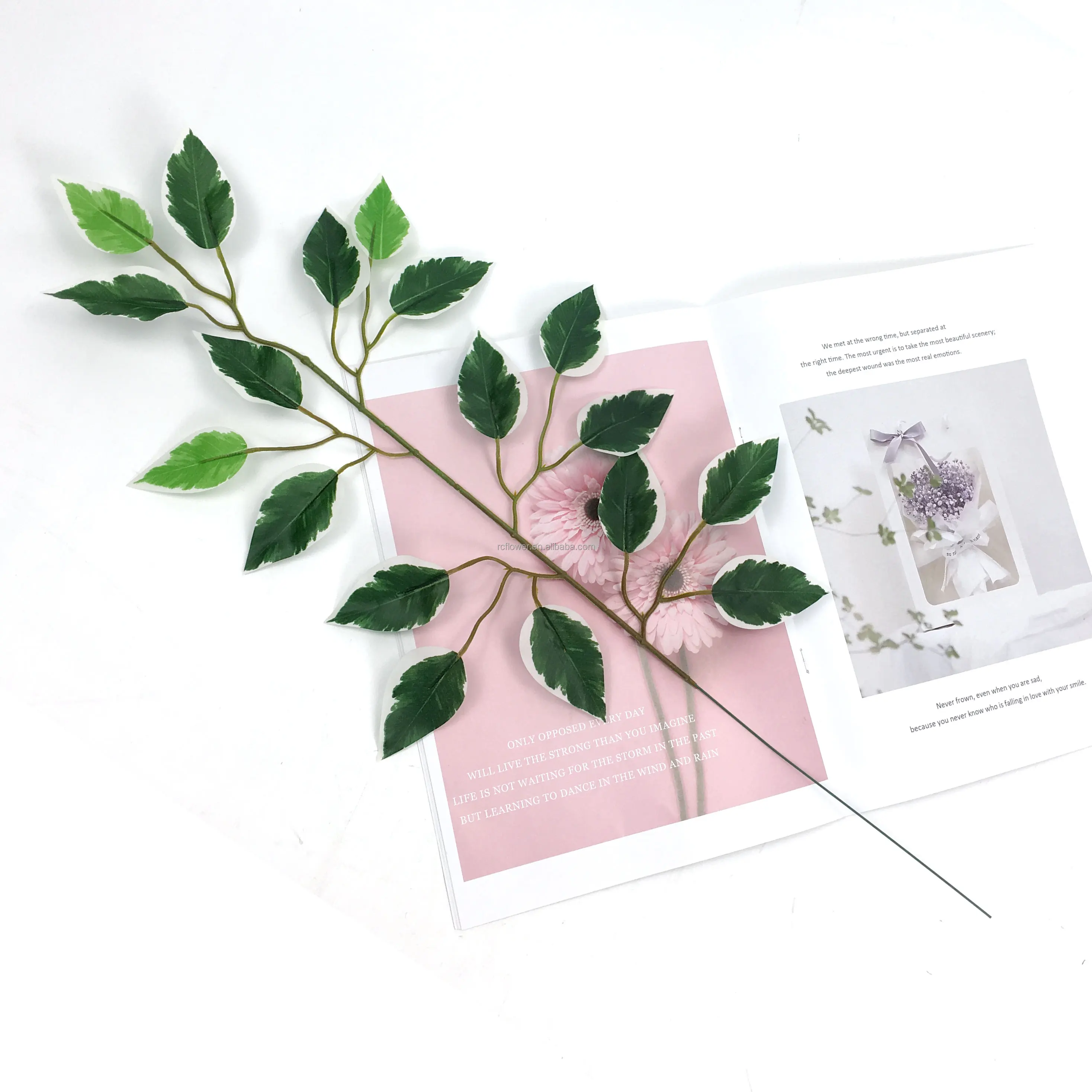 TCF Wedding Pary Outdoor high quality Decoative Tree 16 Leaves Branch Plant Leaves rubber Green Artificial Banyan Leaf