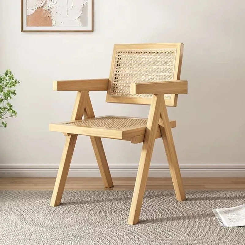 North Asia Good Quality Stable Wooden Frame Nordic solid wood rattan woven dining chair armchair For Kitchen