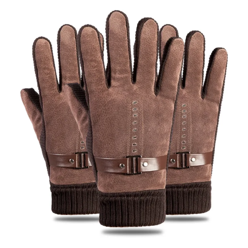 Autumn and winter adult ribbed warmth and thickened warm full finger gloves for cycling sports pigskin gloves
