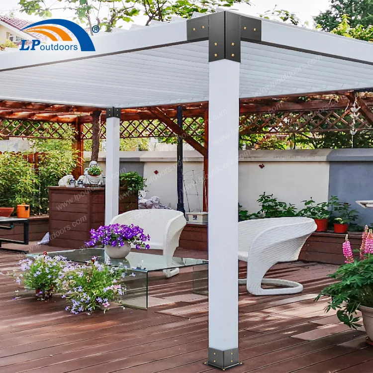 White Aluminum Louvered Pergola Bioclimatic Outdoor Gazebo Tent Pavilion Motorized With LED Lights