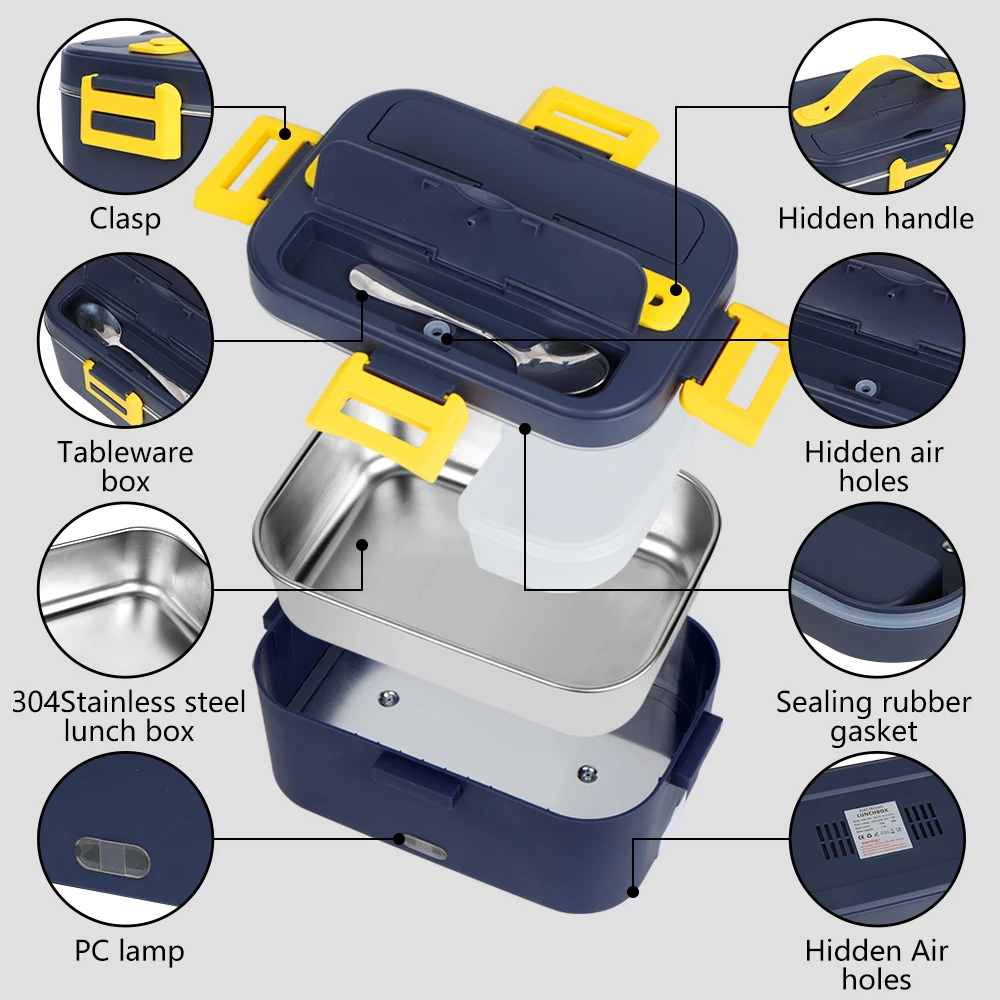 B10-1294 Household 2-In-1 Portable Lunch Box Sets Safe Stainless Steel Food Warmer Electric Lunch Box With Carry Bag