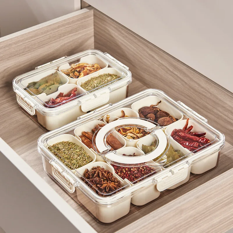 Kitchen sealed spice storage box Food grade compartments clear relish box Refrigerator crisper with handle
