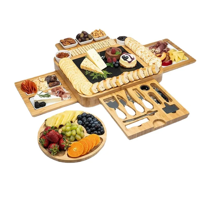 Bamboo Cheese Board and Knife Set with Charcuterie Board Serving Tray Stainless Steel Knife Thick Wooden Server With Bowls