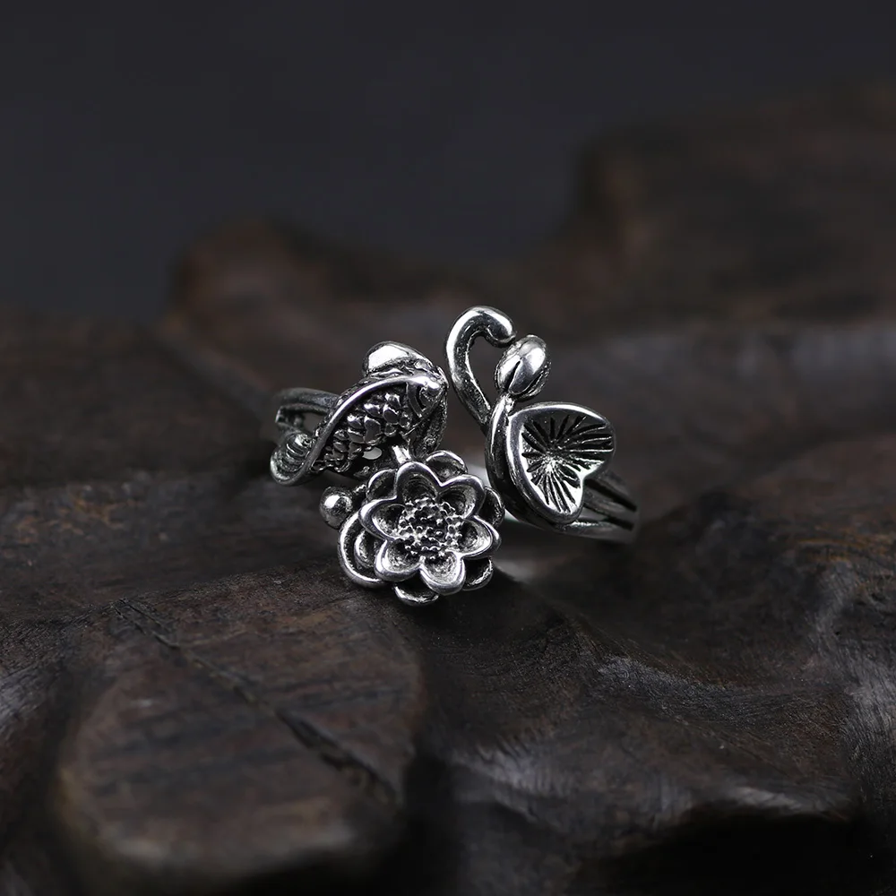 Authentic 925 Sterling Silver Fish And Lotus Flowers Rings For Women Adjustable Vintage Jewelry Aneis Feminino