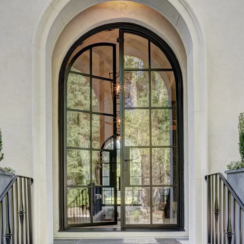 Reliable Quality Custom  Size Design Wrought Iron Arched Glass Door with Decorative Grilles