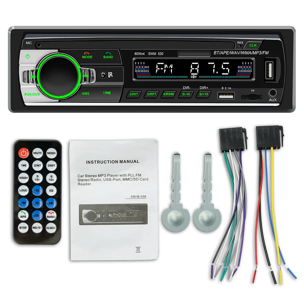 In dash one din fixed panel car stereo receiver FM BT USB FM TF AUX car mp3 with led display colorful button lights 12V remote