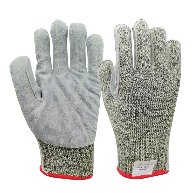 ANSI A5 Cut resistant Aramid Steel Knit Glove With Leather palm Safety Work Gloves
