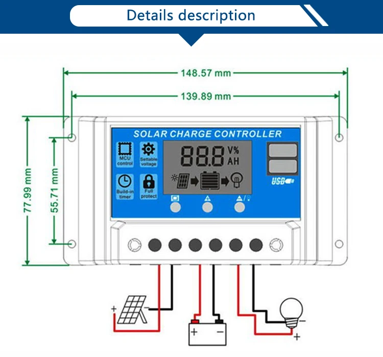 30/20a Solar Charge Controller 12V 24V 36V 48V Regulator with Adjustable LCD Display Dual USB Timer Setting PWM Auto Parameter