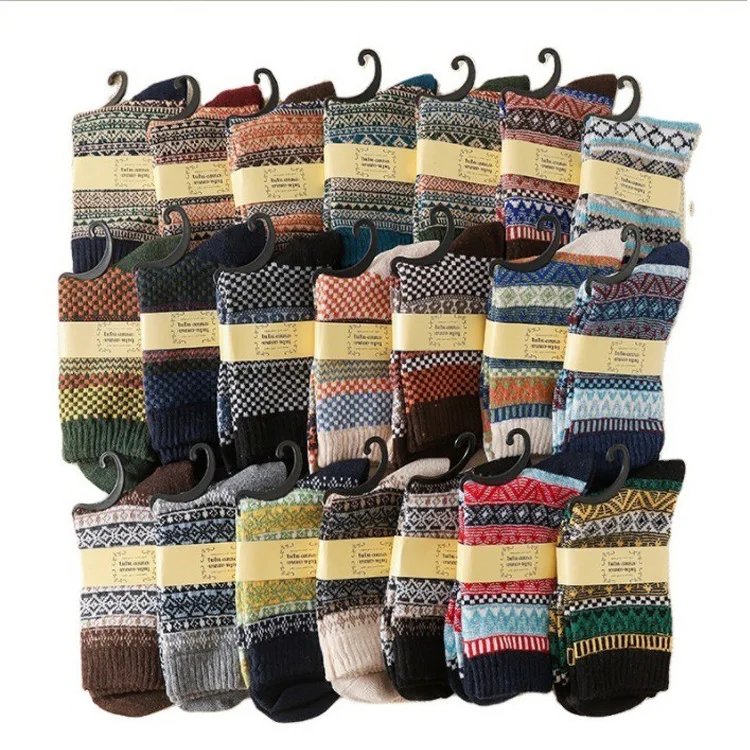 10 Pack Womens Wool Strip Crew Socks Winter Warm Socks Thick Knit Cabin Cozy Soft Nordic Socks