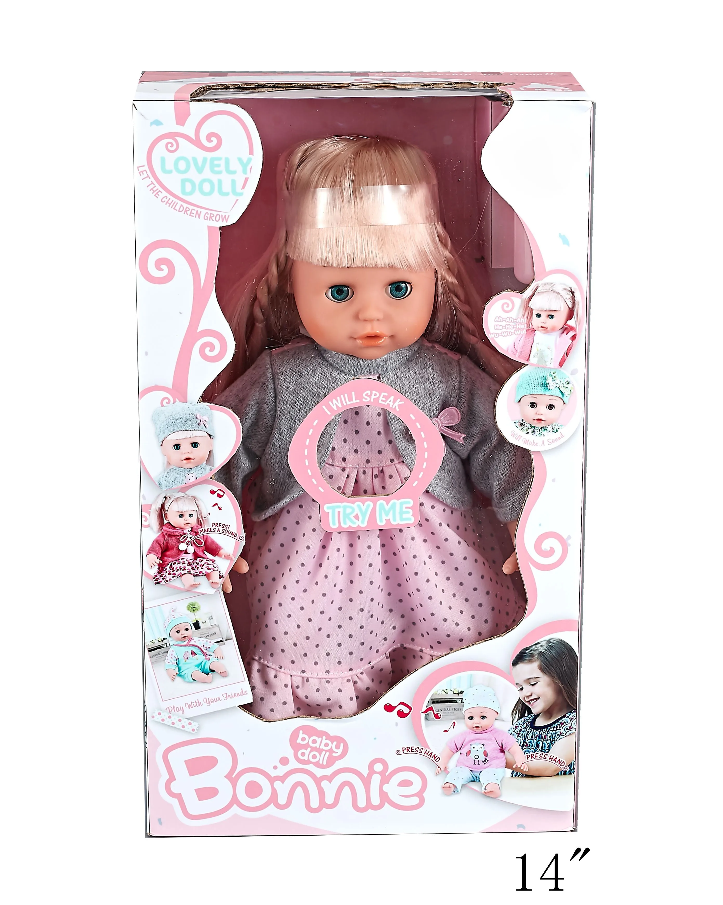Wholesale cute baby boy doll cotton body with 12 sounds IC and feeding bottle toy set for kids