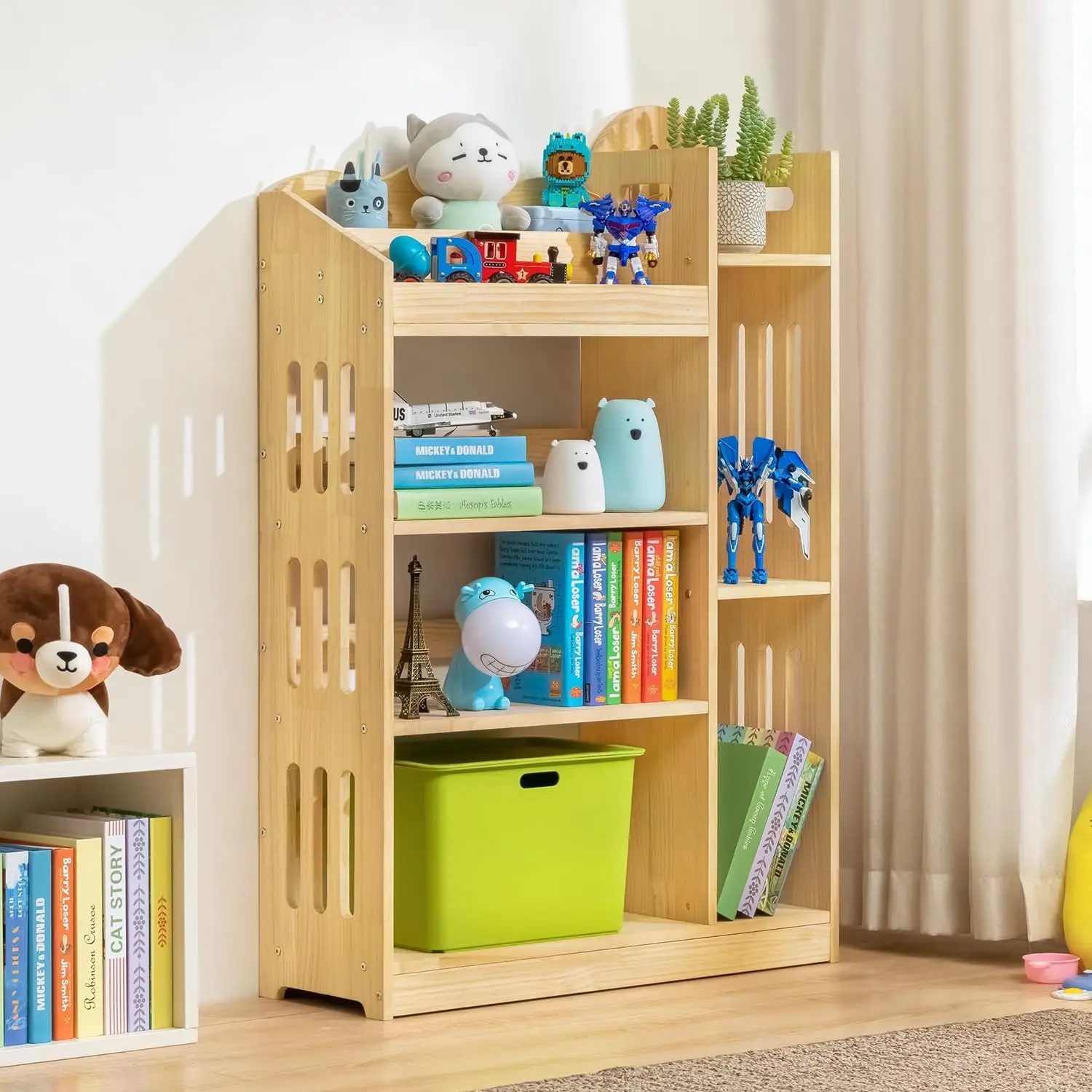 Natural Wood Free Standing Bookcase 4 Shelf Staggered DesignHome Office Display Storage kids book shelf cabinet