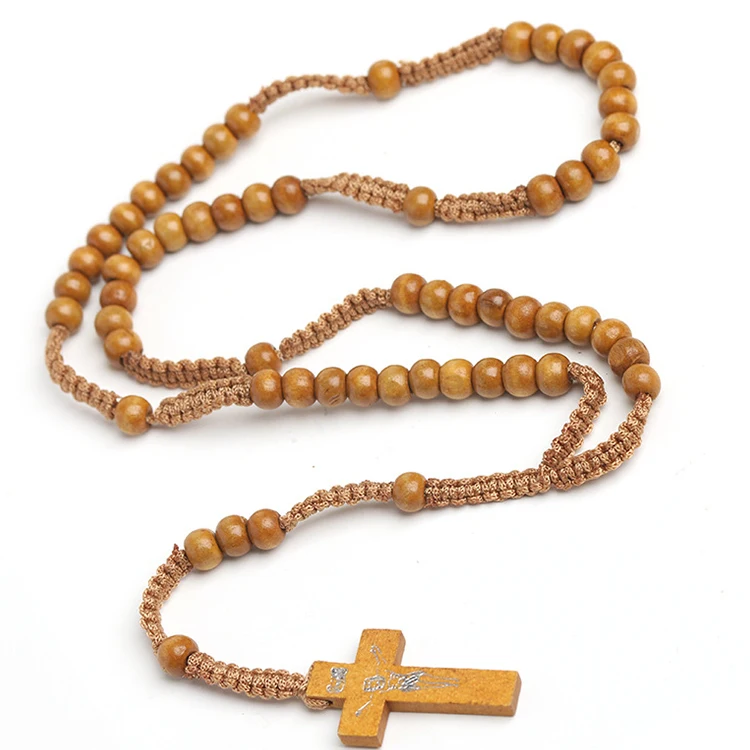 
wood handmade beads natural religious ornament cross Jesus Bead Necklace for Jerusalem Catholic 