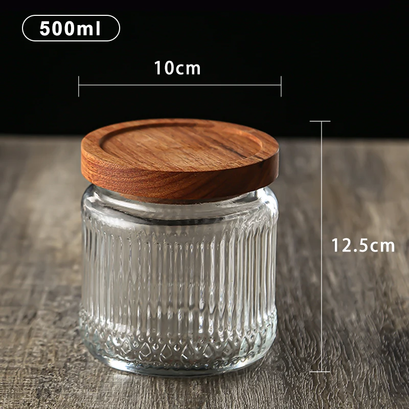 Top seller 500ml clear round vintage ribbed airtight kitchen food spice container bottle pot set glass storage jar with lid