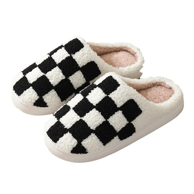 Fashion Women Winter Checked Print Indoor Warm White Cotton Slippers With Cute Checkered Pattern