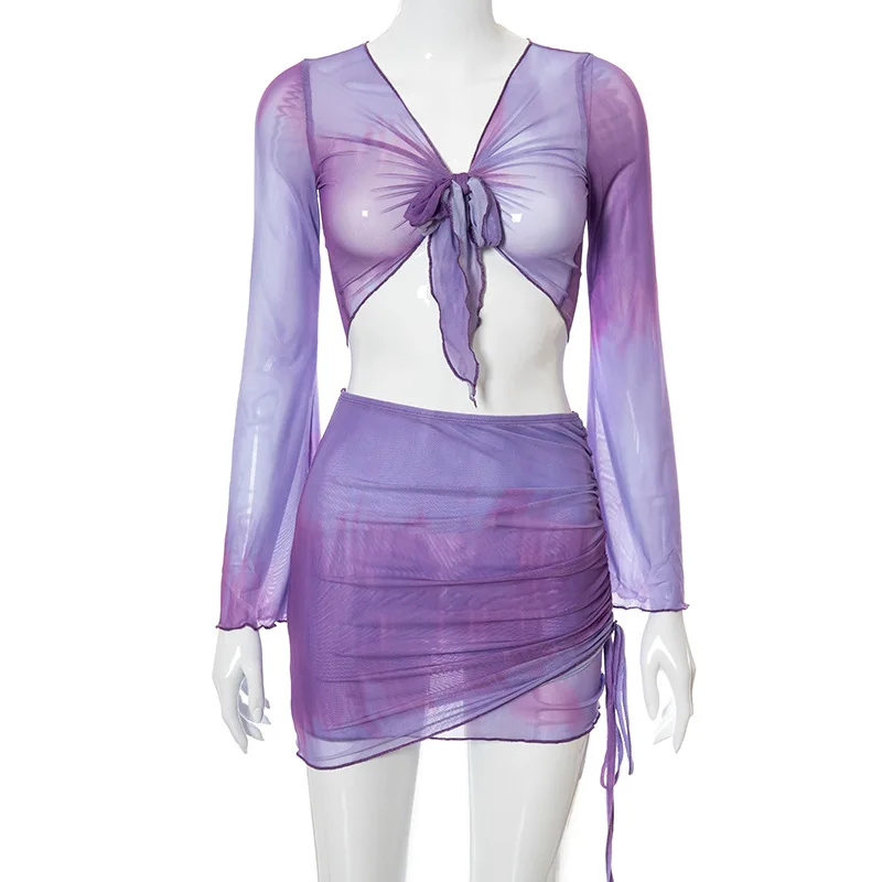 2023 Deep V Neck Printed tie-dyed Color  Crop Tops Mesh Mini Skirt Sets two piece sets Ruched Skirts Drawstring Beachwear
