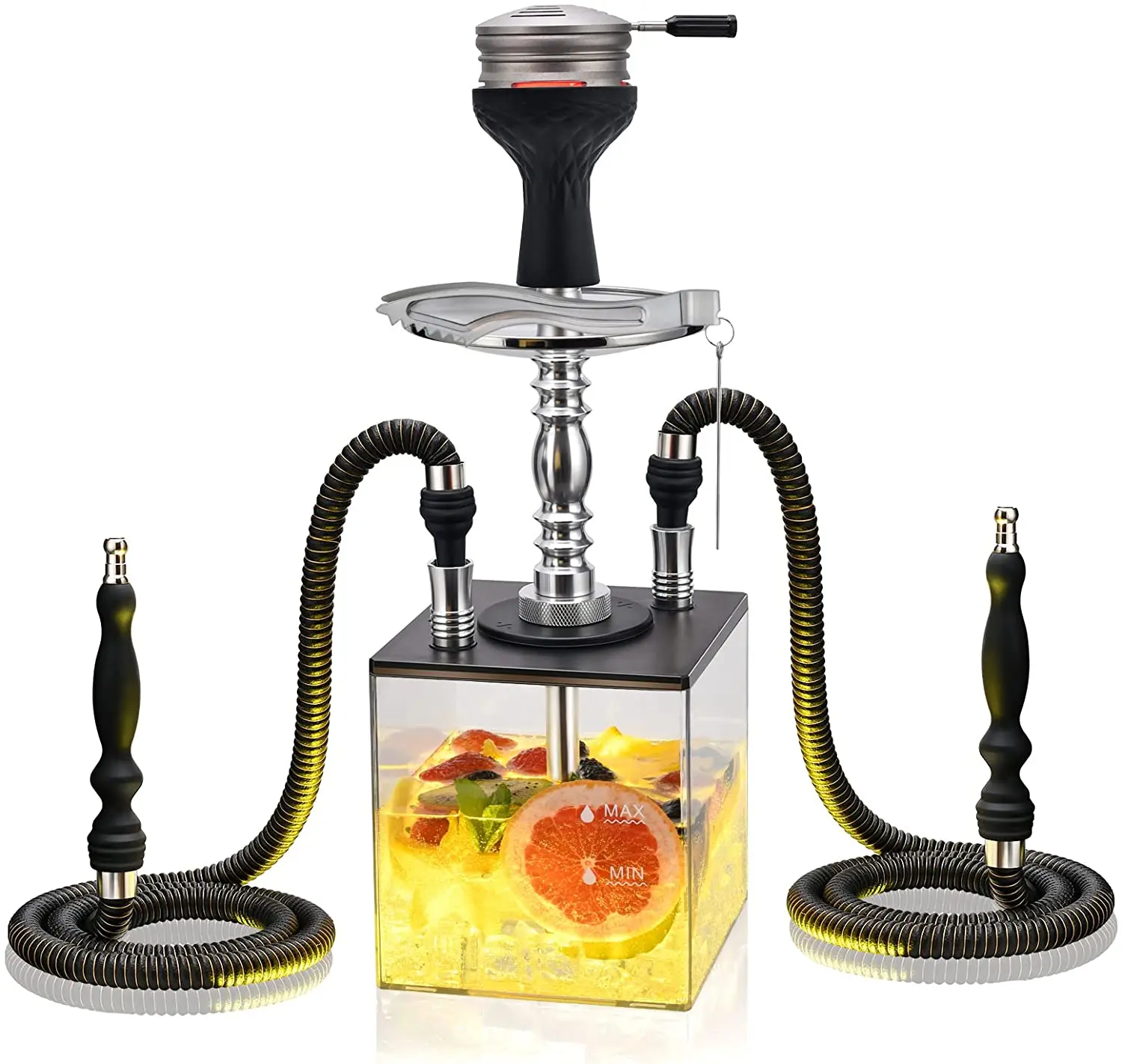 Hookah Set with Everything Updated Cube Modern Shisha include Vulcan HMD Silicone Phunnel Bowl Silk Pipe Coal Tongs Remote LED