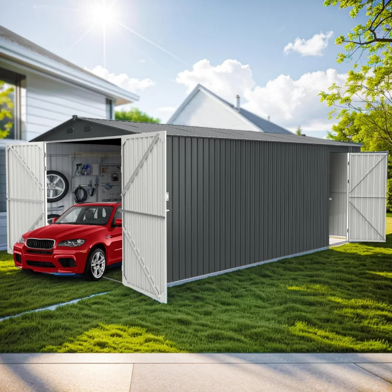 Outdoor Shed House with Open-Door Metal Storage Garden Shed for Tools Gear Car Truck Bike Lawnmower