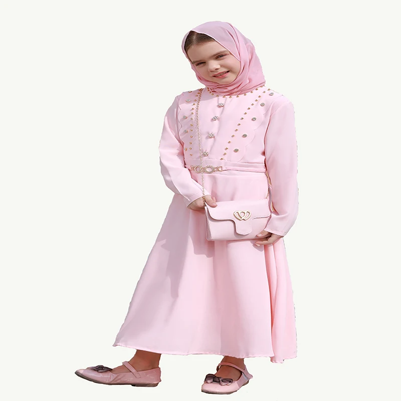 2022 wholesale plain color abaya dress decorated with flowers for Muslim kids girls