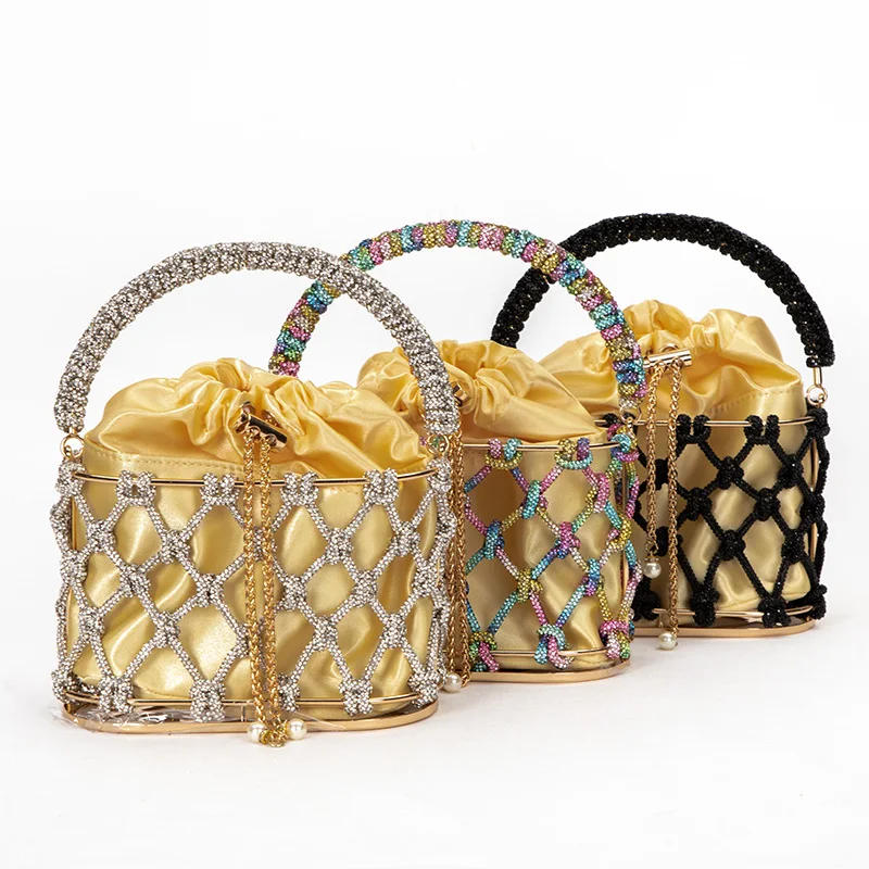 China Wholesale Luxury Trendy Handmade Woven Diamond Evening Bag Designer Rope Metal Bird Cage Bag Beaty Handbag for Women