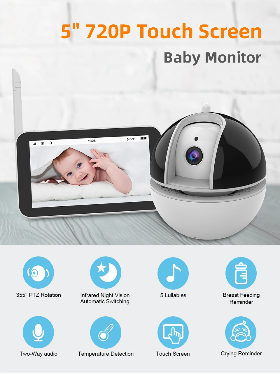 
New Baby Monitor with 5inch Smart Touch Display Wireless HD 720P PTZ Baby Cameras Wholesale Video Baby Monitoring Camera 