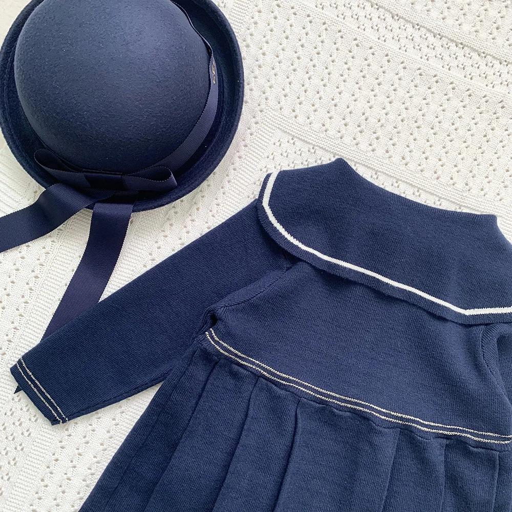 Autumn baby girl children knitted dress navy collar girl's academy style pleated dress