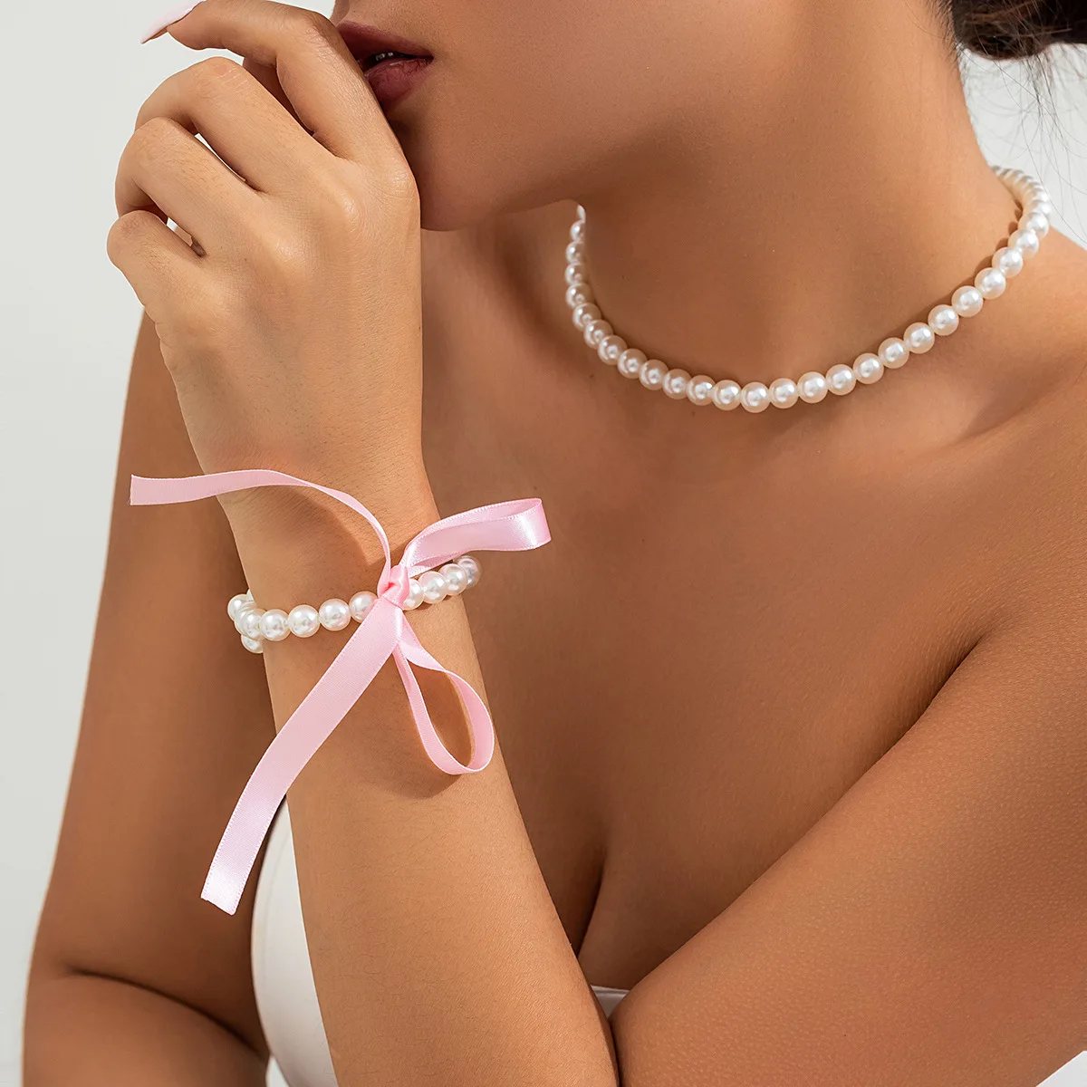 Vintage Long Bow Collarbone Chain Choker DIY Lace Velvet Pearl Necklace for Women