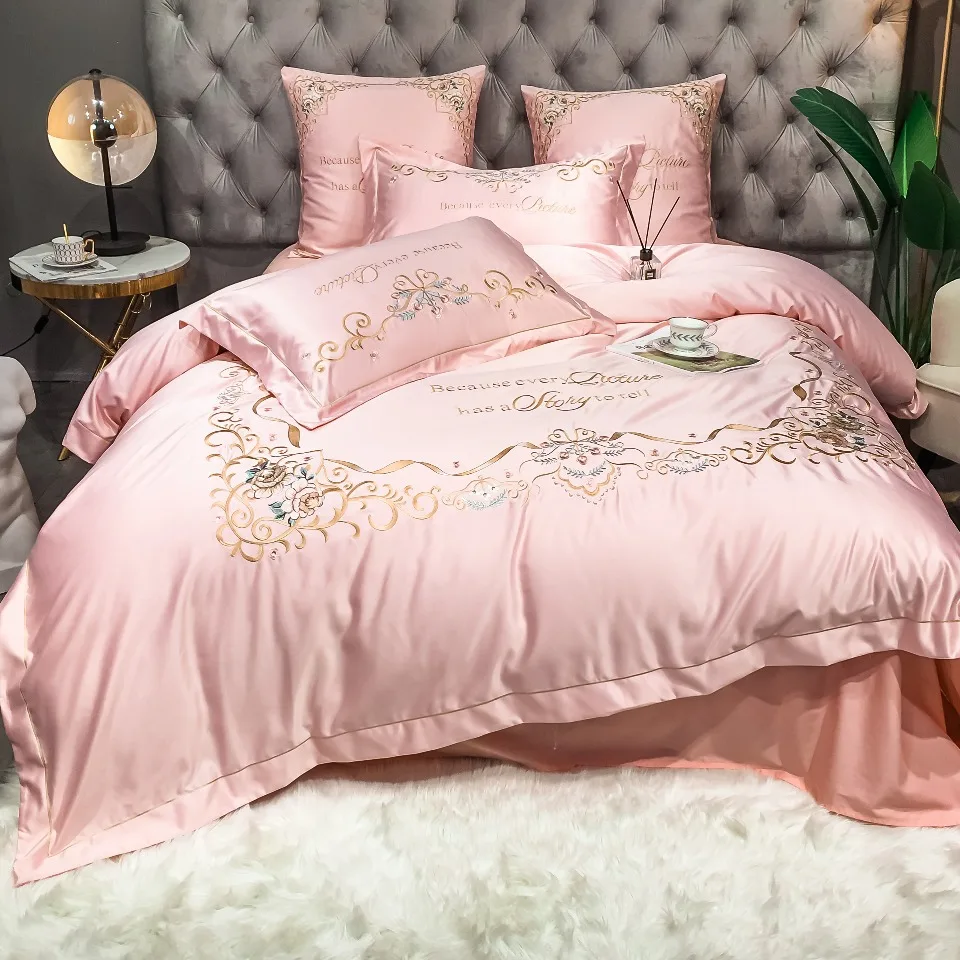 High-end Luxury European-style Pure Cotton Silk Embroidered Cotton Bedsheet Comforter Cover Bed Skirt 4pcs Bedding Set