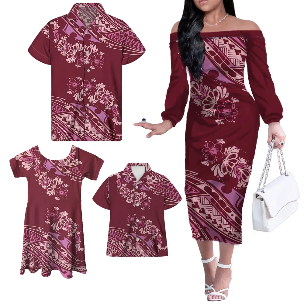 New Polynesian Clothing Deep Blue Traditional Designer Tribal Mix Flower Off Shouler Dresses Little Girls Skirt Boy Dadday Shirt
