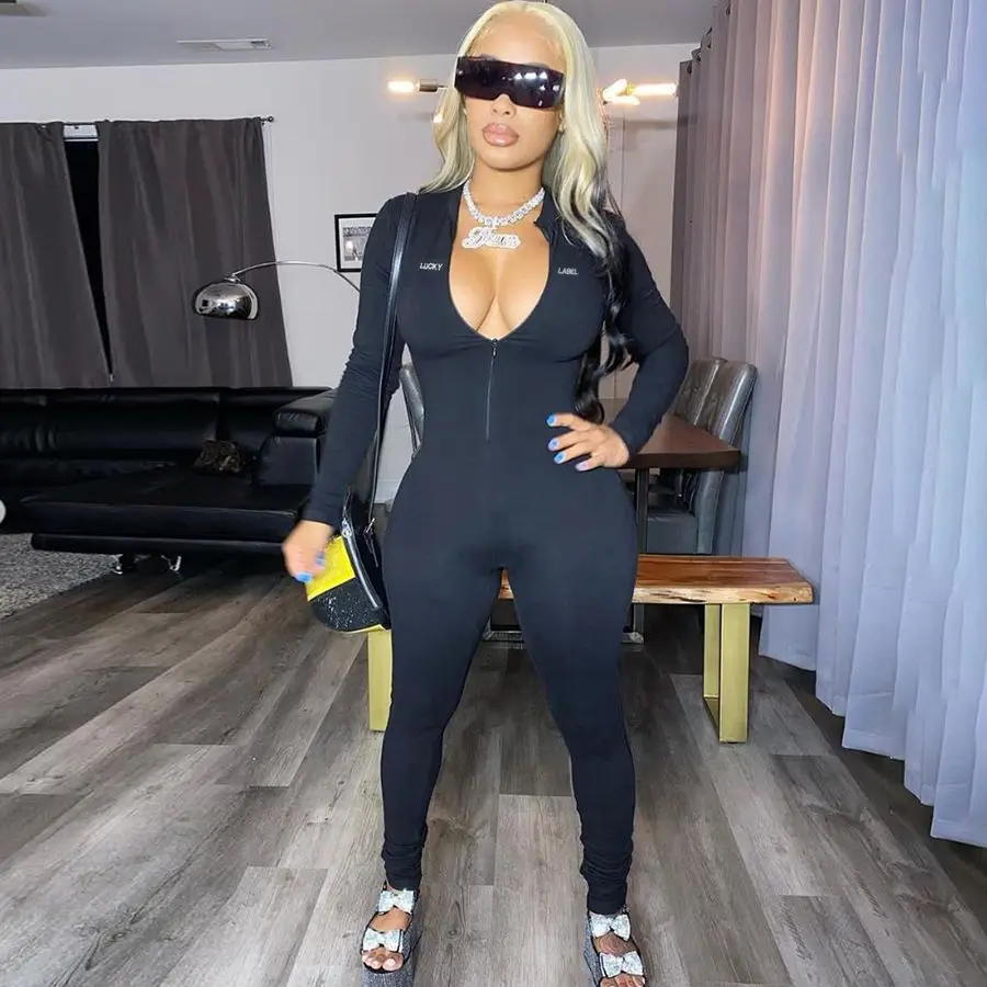 2021Embroidery Solid women one piece jumpsuits and rompers autumn Stacked Zipper lucky label jumpsuit