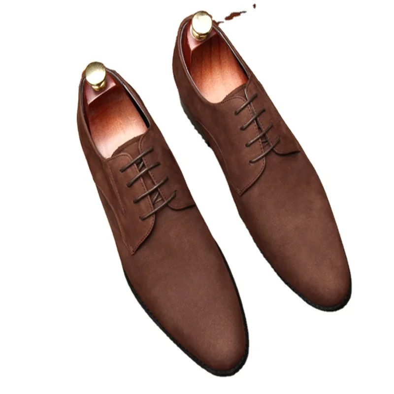 
 Мужские туфли из нубука с острым носком, на шнуровке, в британском стиле, изготовлены из натурального меха. Дышащий комфорт, стиль платья, свадьба s  