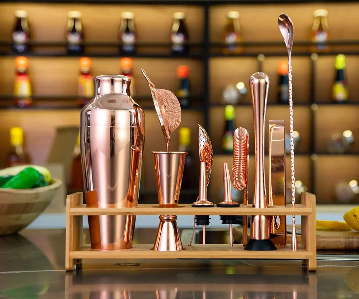 Martini Bartender Kit Copper Coated Set with Bamboo Stand 19 oz Parisian Gold Cocktail Shaker with Bar Accessories