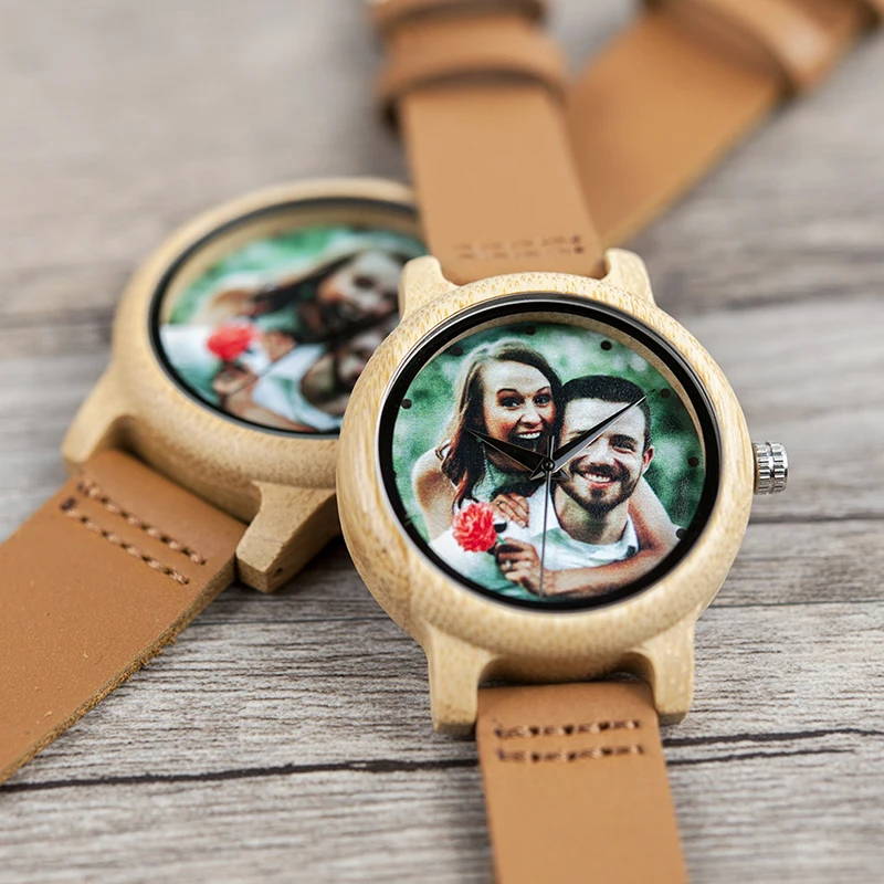 Customize photo printing couple lover bamboo wood watches with leather strap men women for valentine day gifts