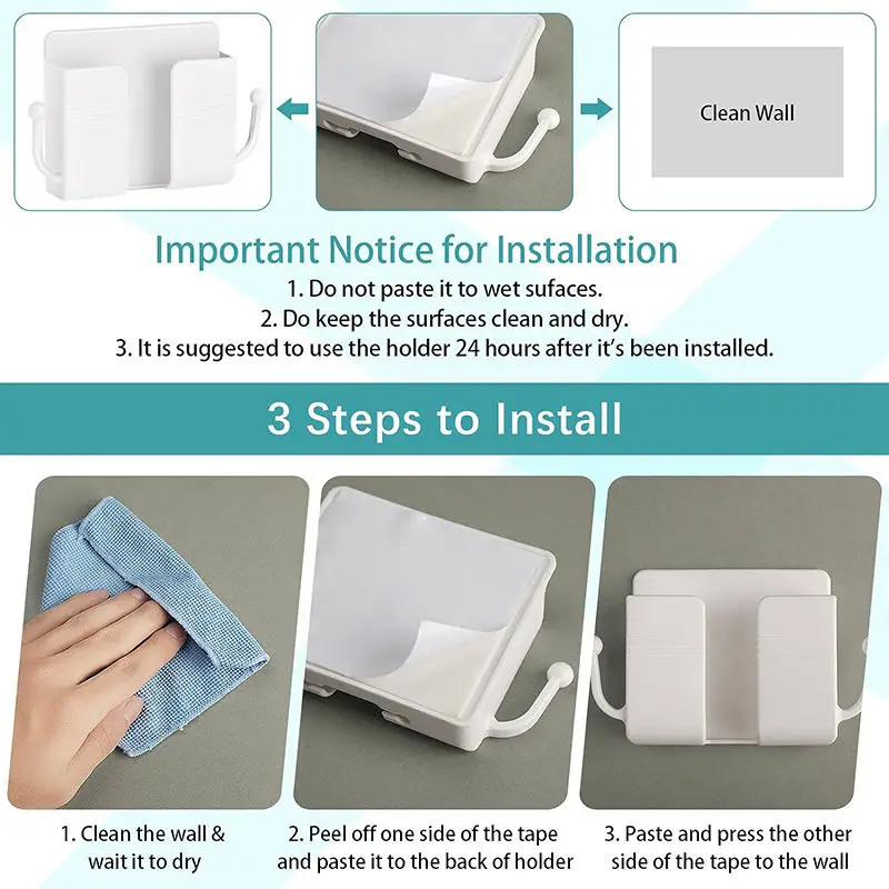 Home Wall Mounted Mobile Phone Holder with Self Adhesive for Bathroom Bedroom Kitchen Charger Stand Remote Control Storage Box