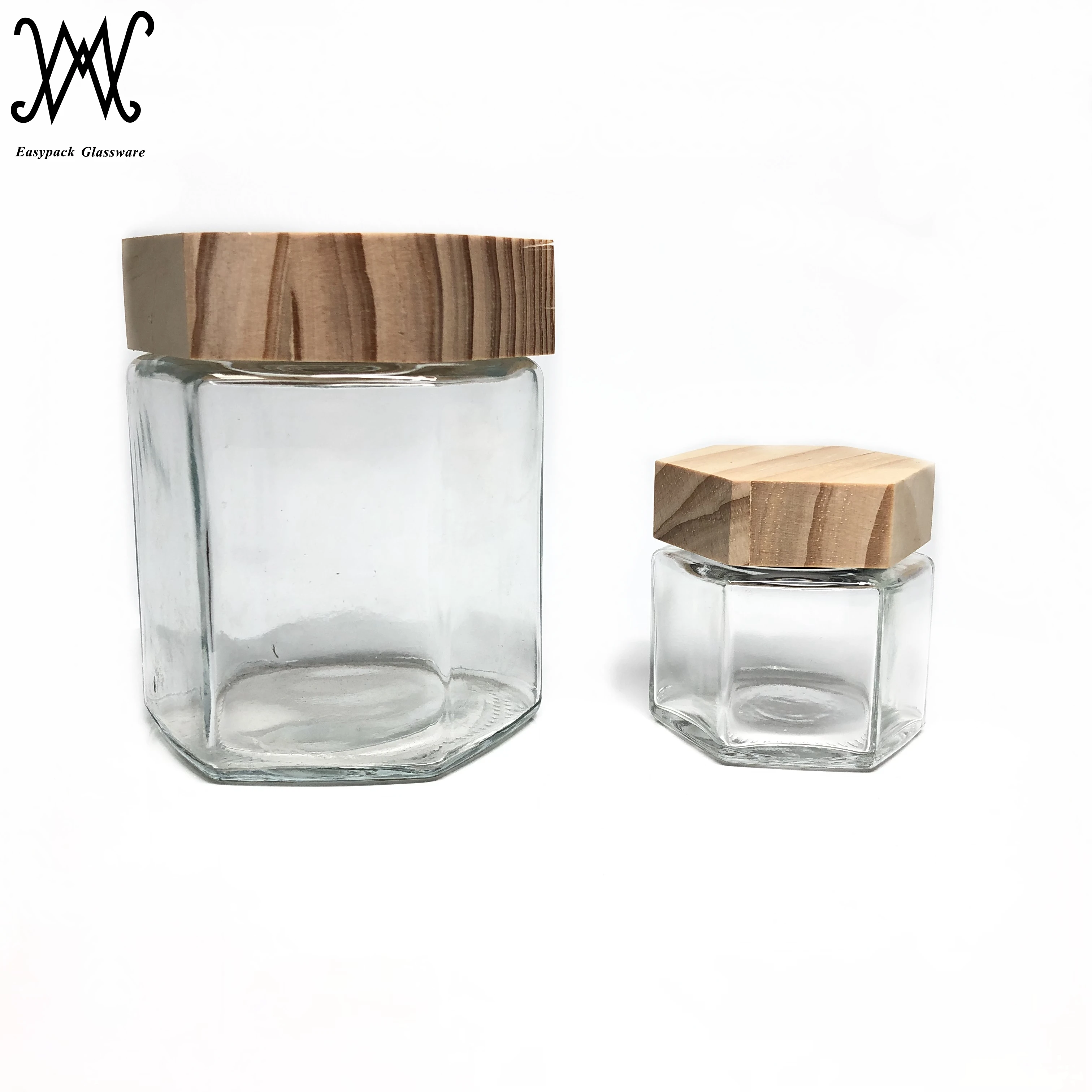 380ml 375ml hexagonal hexagon glass jar with wooden screw top lid for honey jam sauce