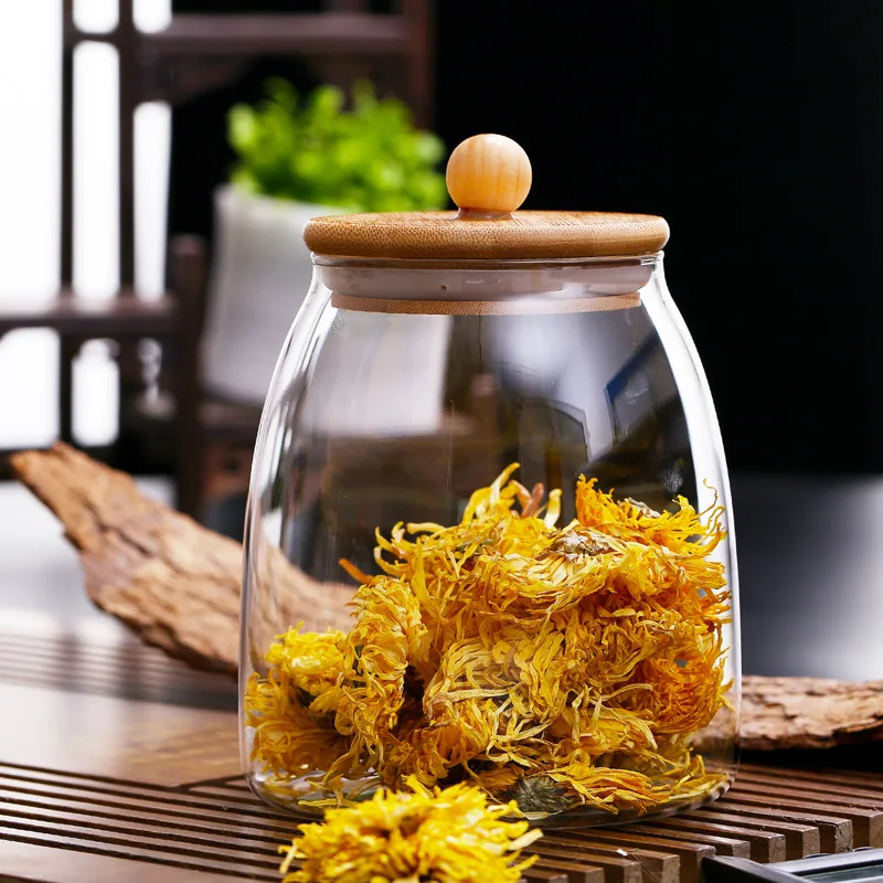 Modern nordic round sweets glass storage jar for food with oak lids
