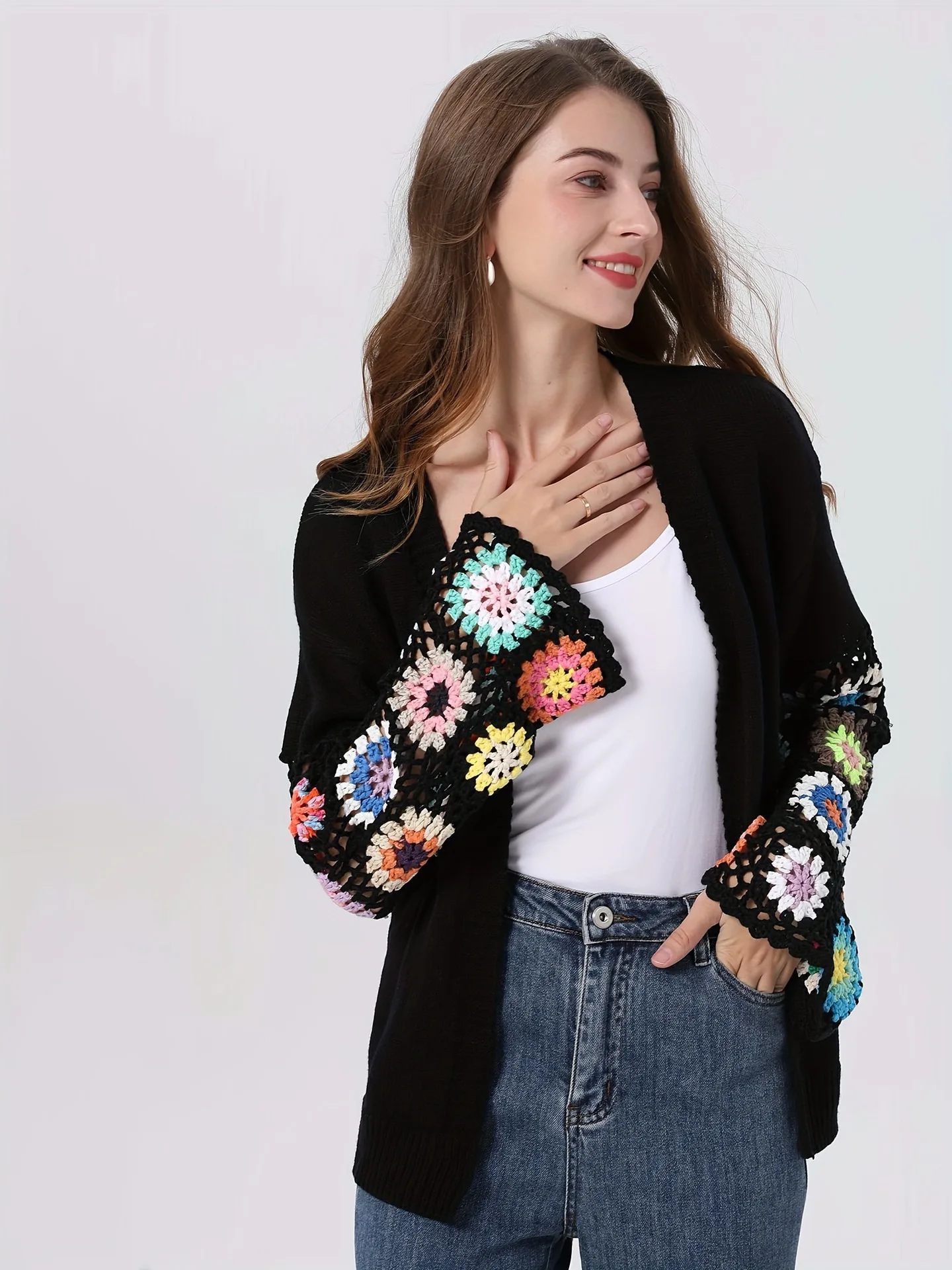 Flared Sleeve Hook Flower Cardigan Sweater For Ladies Casual Style Knit Jacquard Pattern Knitwear