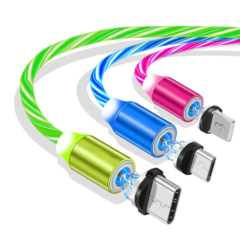  Течет светодиодный магнитный кабель для зарядки с разъемом Micro USB Type-C Магнит стример телефон зарядное устройство