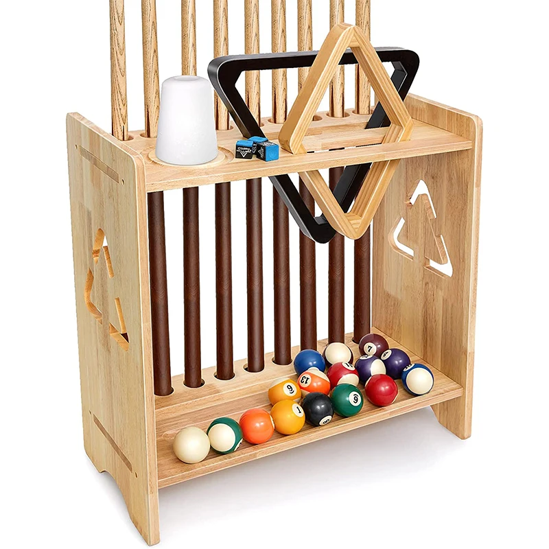 Bamboo Billiards Pool Cue Rack Pool Stick Holder Floor Stand Bamboo Full Set of Pool Balls Table