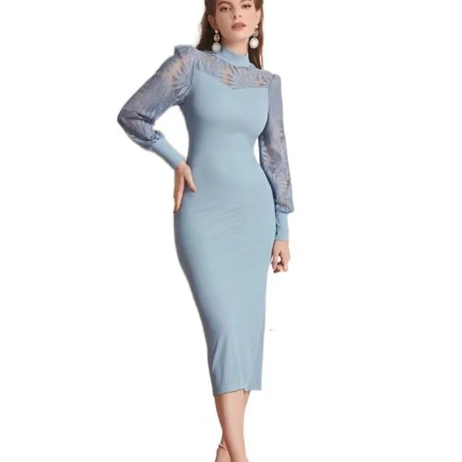 2022 Autumn/winter long sleeve stand-up collar lantern sleeve plaid career Dress women