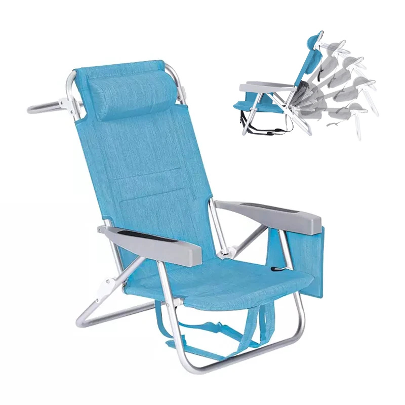 Hot Selling Adjustable Outdoor Plastic Handrail Lounge Backpack Beach Chair With Back Storage Bag And Ice Bag