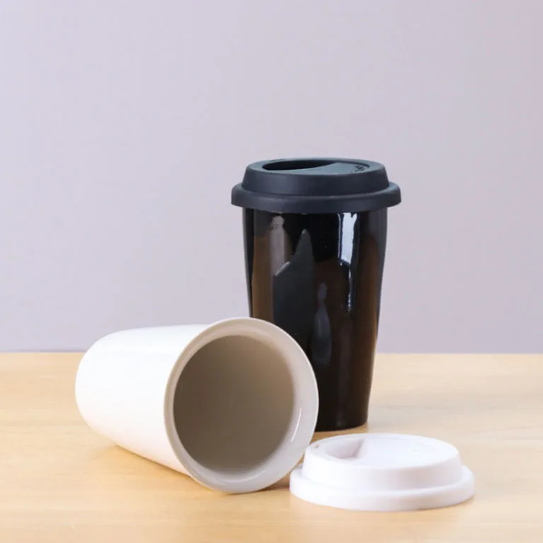 Custom double wall Ceramic coffee travel mug with silicone lid