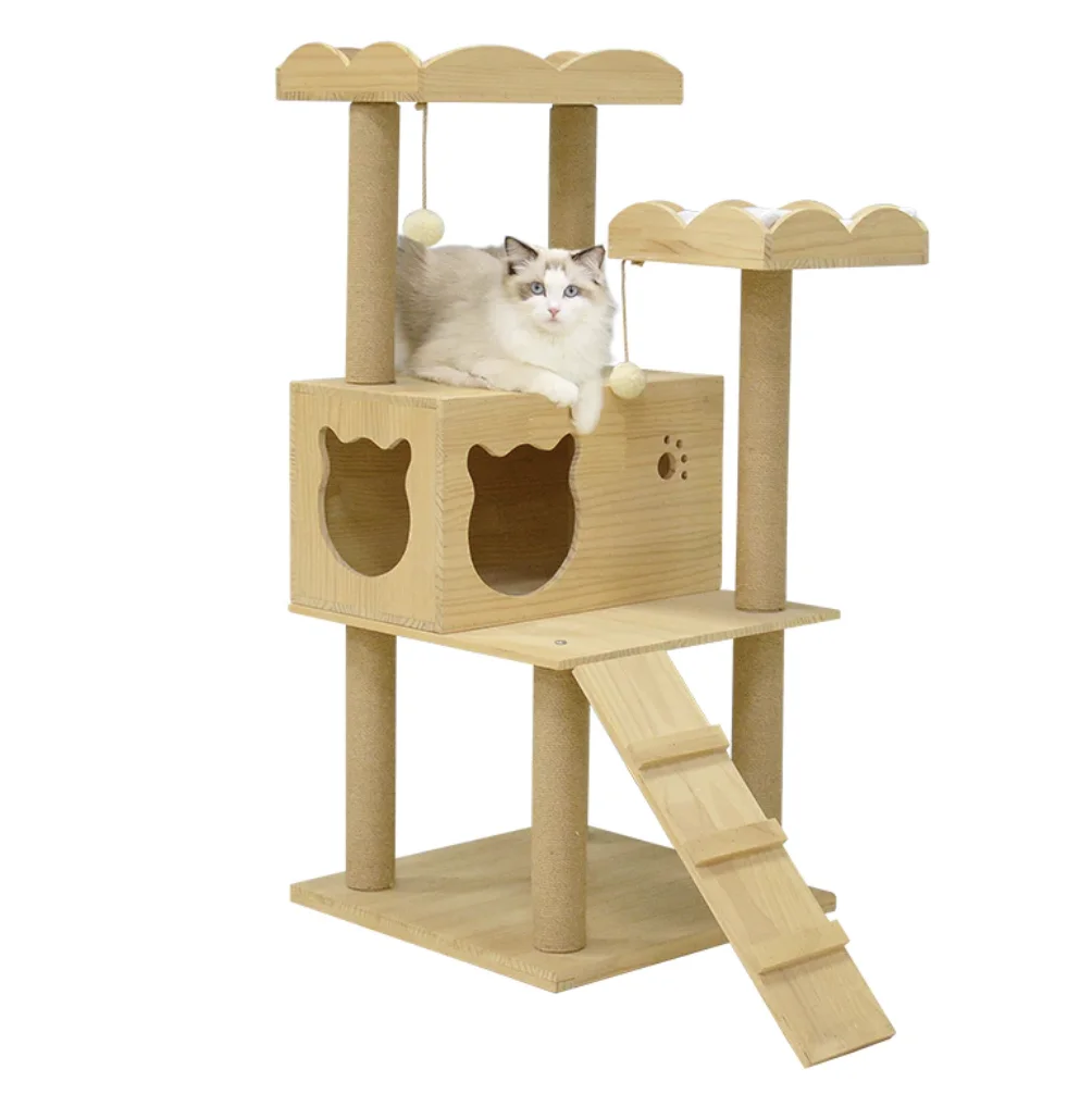 43 inches solid wood cat tree with cat head condo   Wood Cat Furniture Scratch Post House Condo Tower