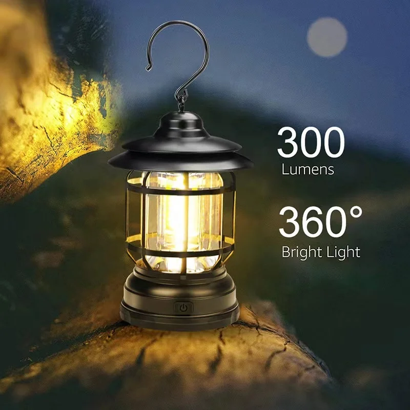 Hanging Hook Dimming Switch Portable AA Battery Vintage COB LED Camping Light Outdoor Tent Retro Lantern Light