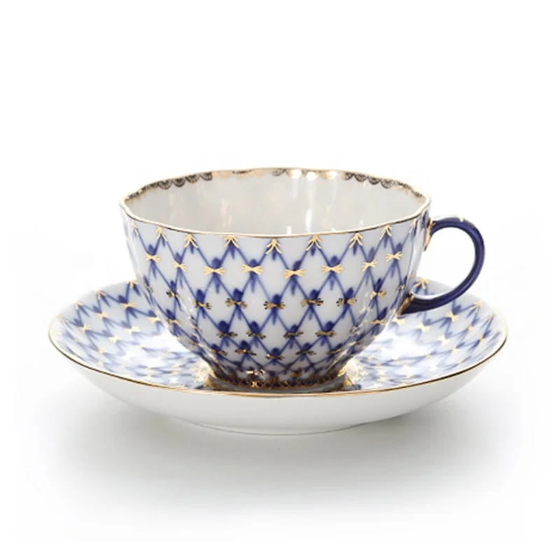Китайский Королевский фарфоровый чайный сервиз Lomonosov, керамическая кофейная чашка и блюдца, кобальтовая синяя сетка