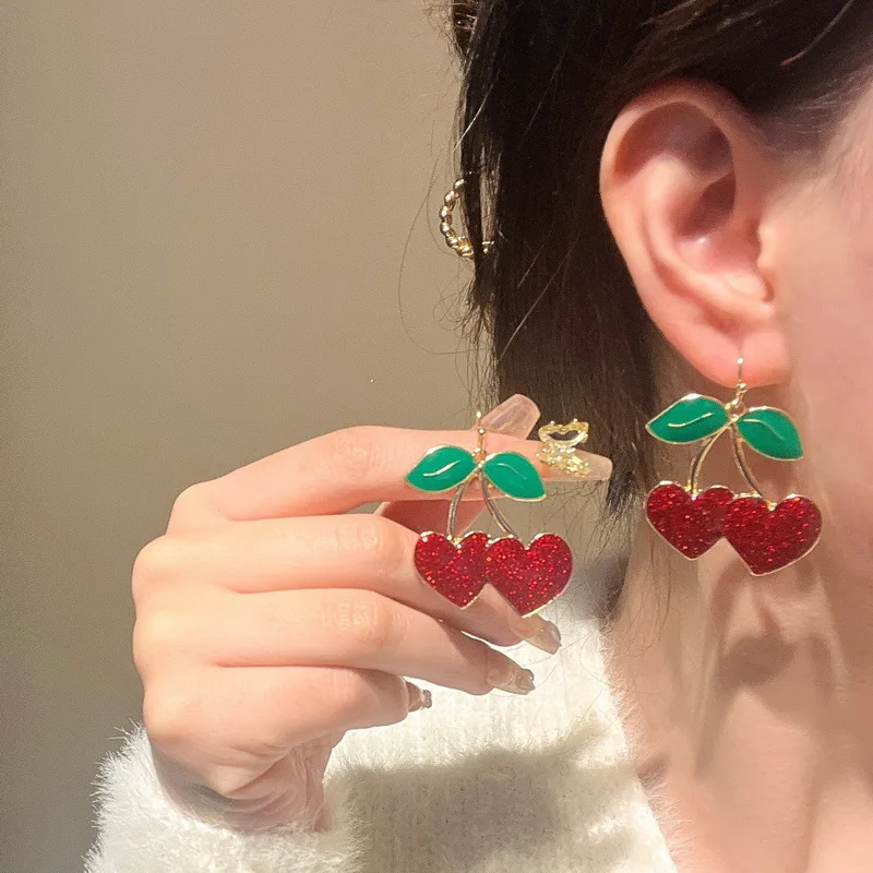 Rinhoo Korean Sweet Red Cherry Earrings Girl Women Summer Cute Alloy Fruit Enamel Fresh Pendant Ear Jewelry Cute Party Earring