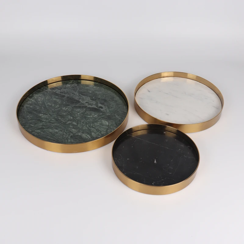 Home decoration Hotel round electroplated metal frame natural marble tray fruit plate cake plate jewelry storage plate